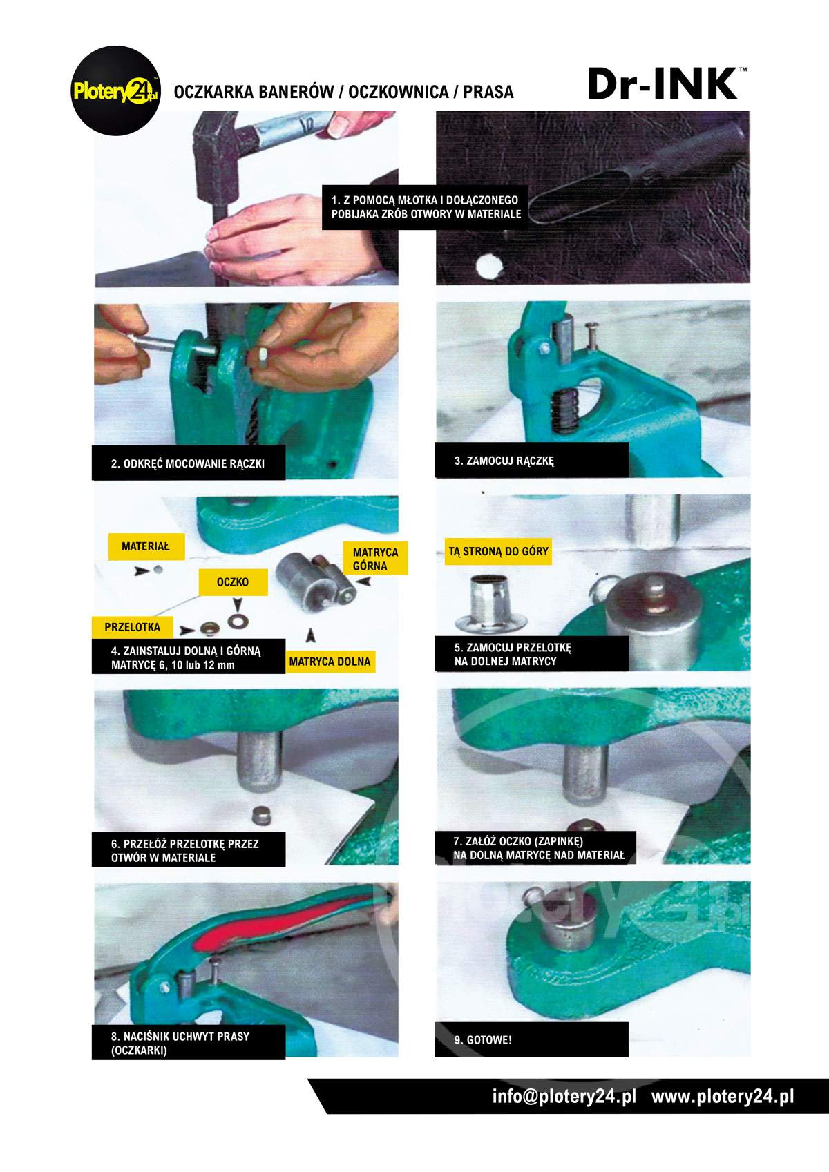 Nowa! Oczkownica DR-INK do banerów Oczkarka do plandek 1500 oczek 6, 10 i 12 mm 3 głowice 3 pobijaki do wykrajania otworów Wysyłka Gratis Prasa ręczna Zakuwarka - obrazek 3